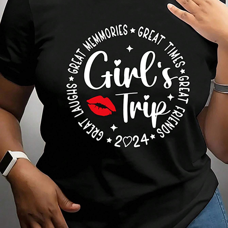 

Girl's Trip Print Crew Neck T-shirt, Casual Short Sleeve Top For Spring & Summer, Women's Clothing