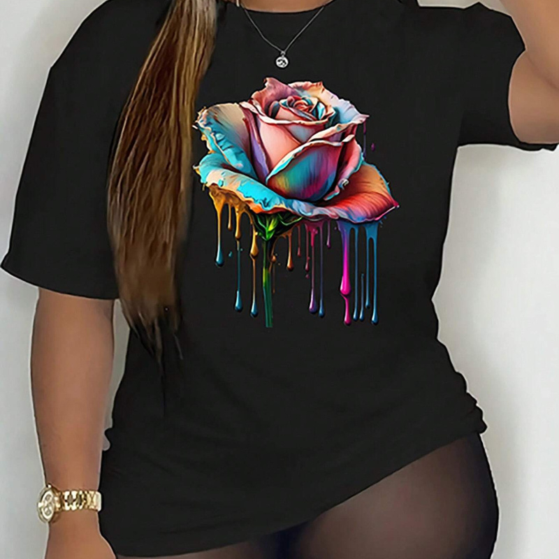 

Floral Print Crew Neck T-shirt, Casual Short Sleeve Top For Spring & Summer, Women's Clothing