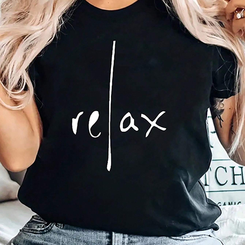 

Relax Print Crew Neck T-shirt, Casual Short Sleeve Top For Spring & Summer, Women's Clothing