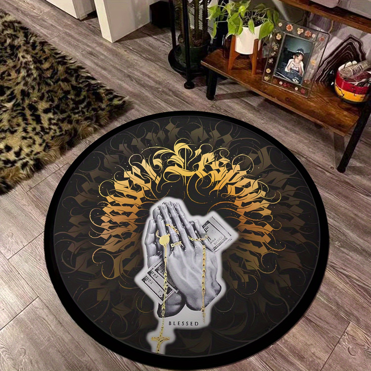 hand washable polyester prayer hands round rug pad with golden gothic font 6mm thick   rug for home decor non slip entryway doormat details 0