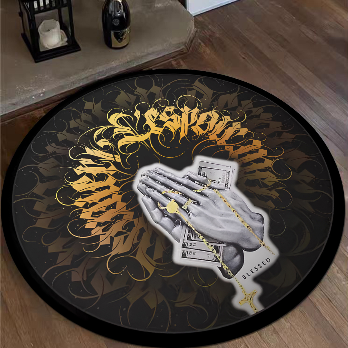 hand washable polyester prayer hands round rug pad with golden gothic font 6mm thick   rug for home decor non slip entryway doormat details 3