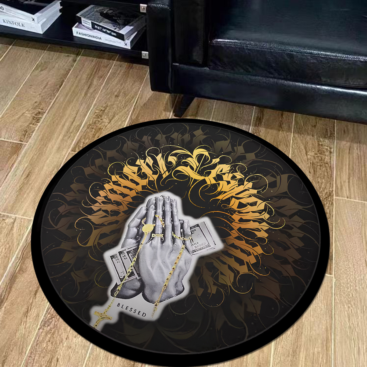 hand washable polyester prayer hands round rug pad with golden gothic font 6mm thick   rug for home decor non slip entryway doormat details 5