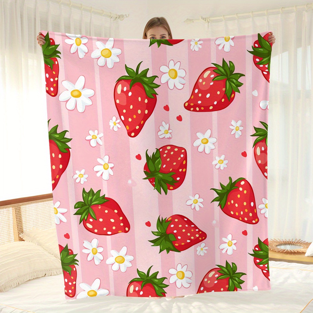 

Strawberry And Daisy Print Flannel Fleece Throw Blanket - Soft Polyester Fabric, Contemporary Style, All-season Comfort For Sofa, Bed, Napping, Woven Decorative Throw With Unique Pattern, Gift-ready