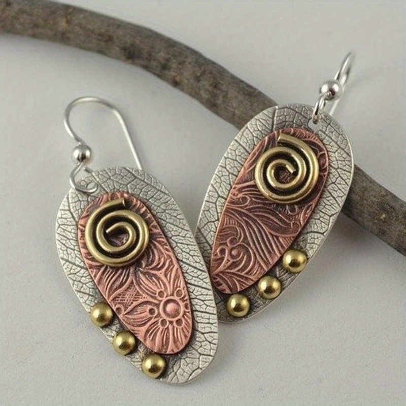 

3 Pairs Of Bohemian Perforated Earrings With Carved Oval Pendant Patterns, Fashionable Hook Shaped Earrings