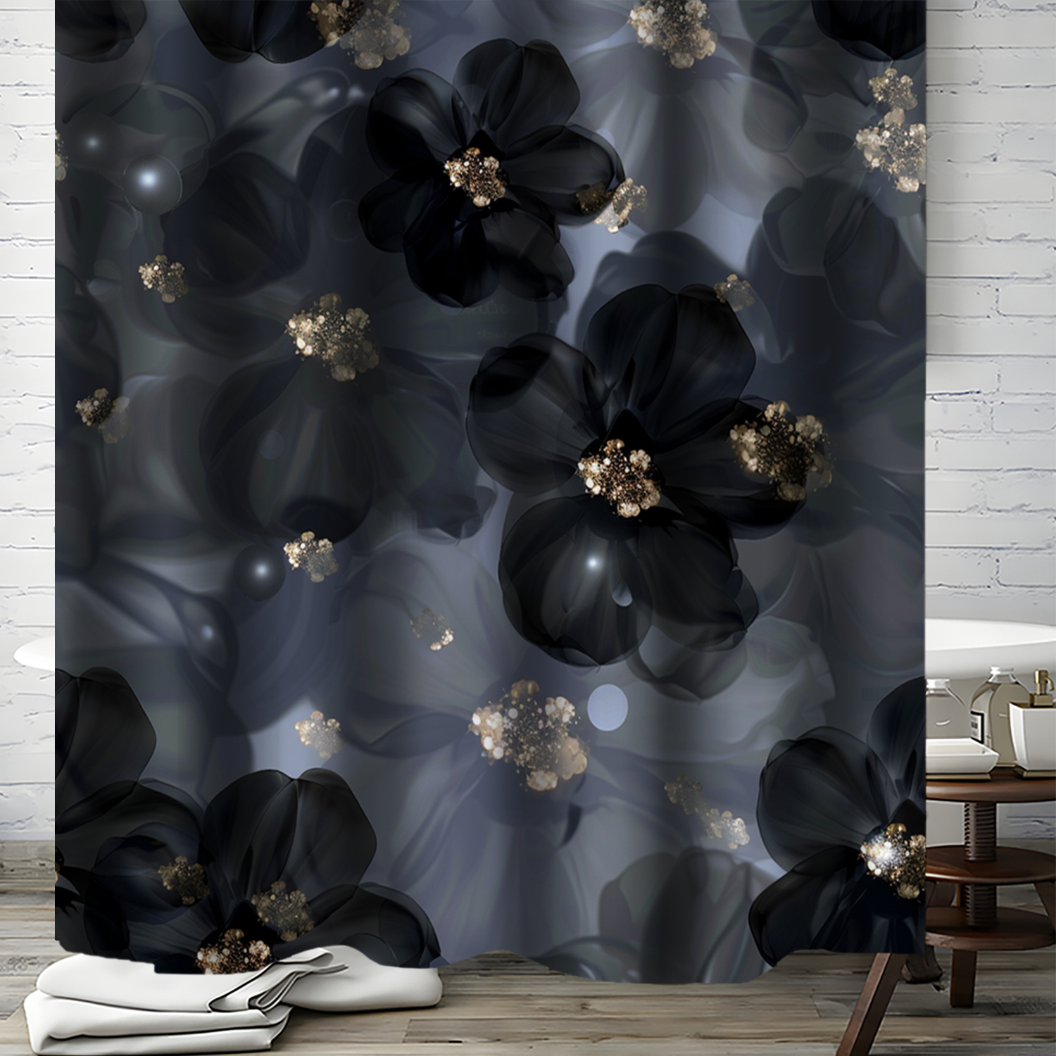 

Black Floral & Gold Accent Water-resistant Shower Curtain With 12 Hooks, Artsy Polyester Bath Accessory, Mold-resistant Woven Bathroom Decor, 71x71 Inches