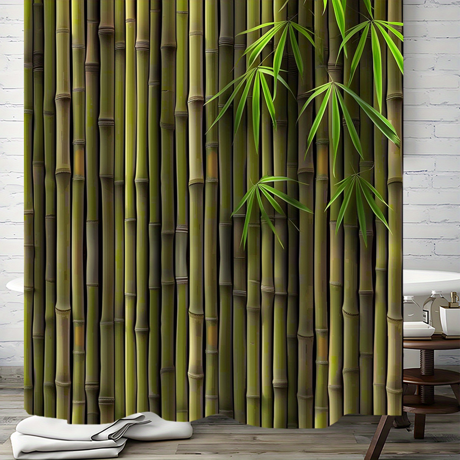 

Bamboo Wall With Green Leaves Shower Curtain - 180cm/71 Inch, Waterproof, Artistic Design, Polyester Material, Includes 12 Hooks, Suitable For Bathroom, Non-chlorine