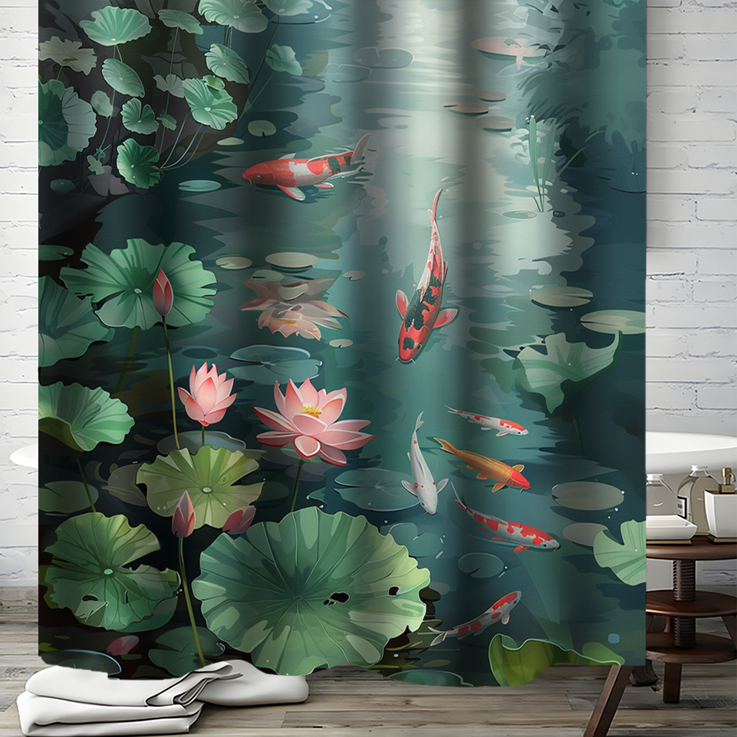 

Water-resistant Polyester Shower Curtain With Koi And Lotus Pond Design, Artistic Bathroom Decor With Hooks, Woven Weave, Non-bleachable, 71x71 Inches - 1 Piece