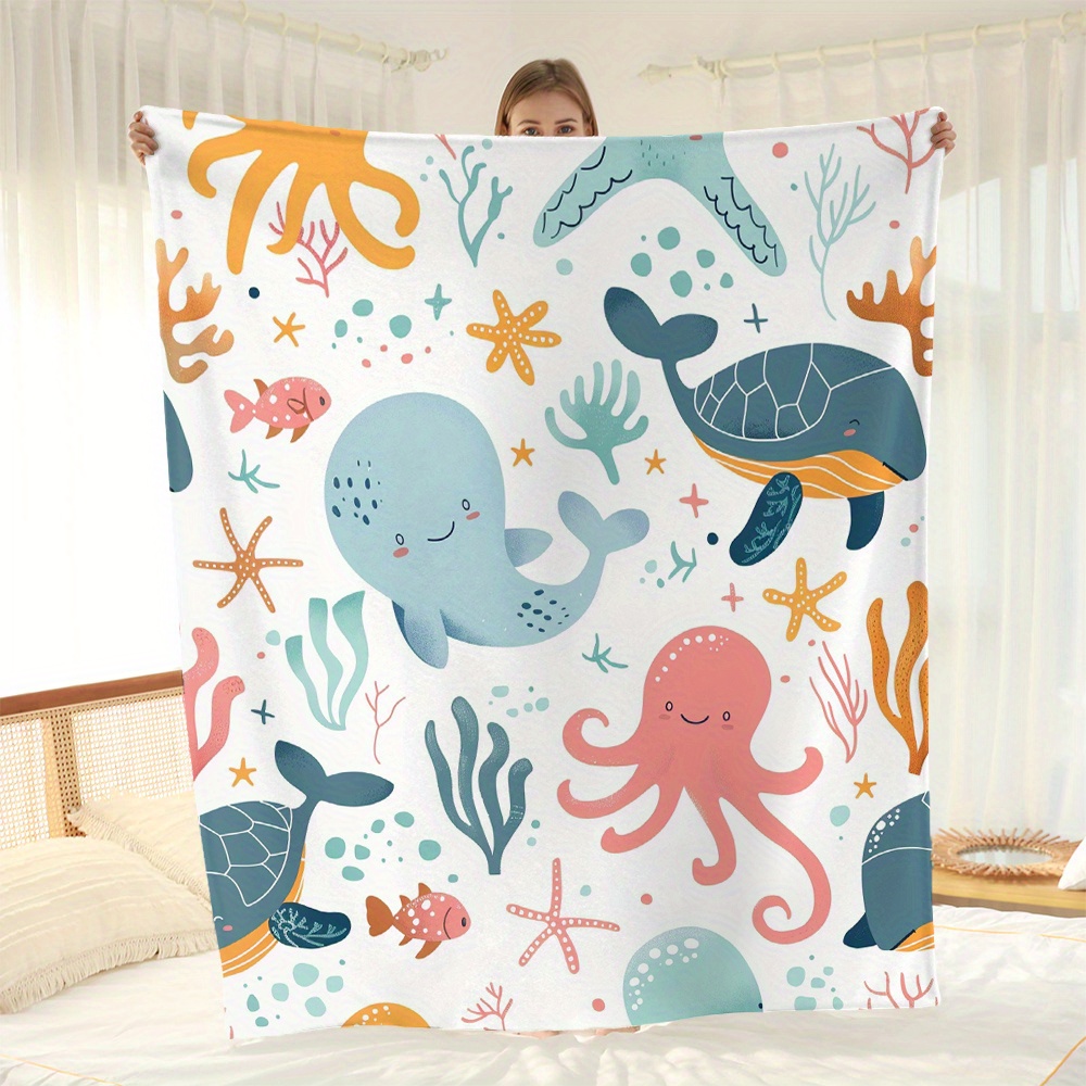 

Contemporary Ocean Life Cartoon Flannel Fleece Throw Blanket - All-season Soft Polyester Woven Sofa Cover, Lightweight Air Conditioner Nap Blanket With Marine Animals & Plants Pattern, Ideal Gift