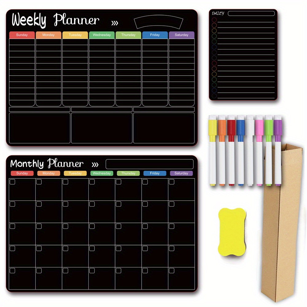 

Magnetic Dry Erase Planner Set - 3 Abs Boards For Refrigerator With Monthly, Weekly, And Daily Organizers, Family Wall & Fridge Boards With 8 Markers Included