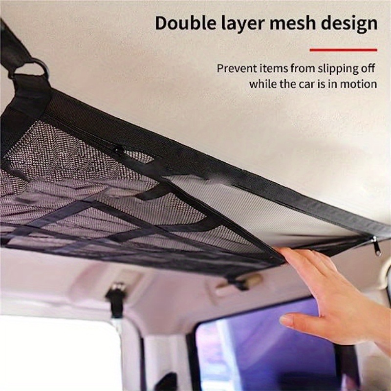

Car Roof Storage Organizer - Polyester Fiber Double Layer Mesh Design With Double Zipper - Large Capacity Hanging Cargo Net For Truck, Suv, Van - Road Trip And Camping Accessory (black)