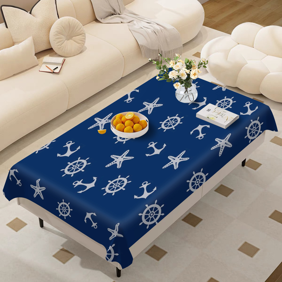 

1pc Nautical Blue Tablecloth - Dustproof & Wrinkle-resistant, Reusable For Indoor/outdoor Parties & Holiday Decorations