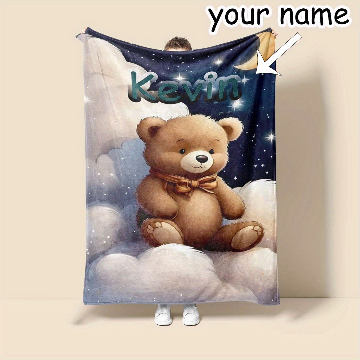 

1pc Customized Name Blanket, Cute Good Night Bear Pattern 4 Seasons Flannel Outdoor Comfortable Soft Portable Blanket