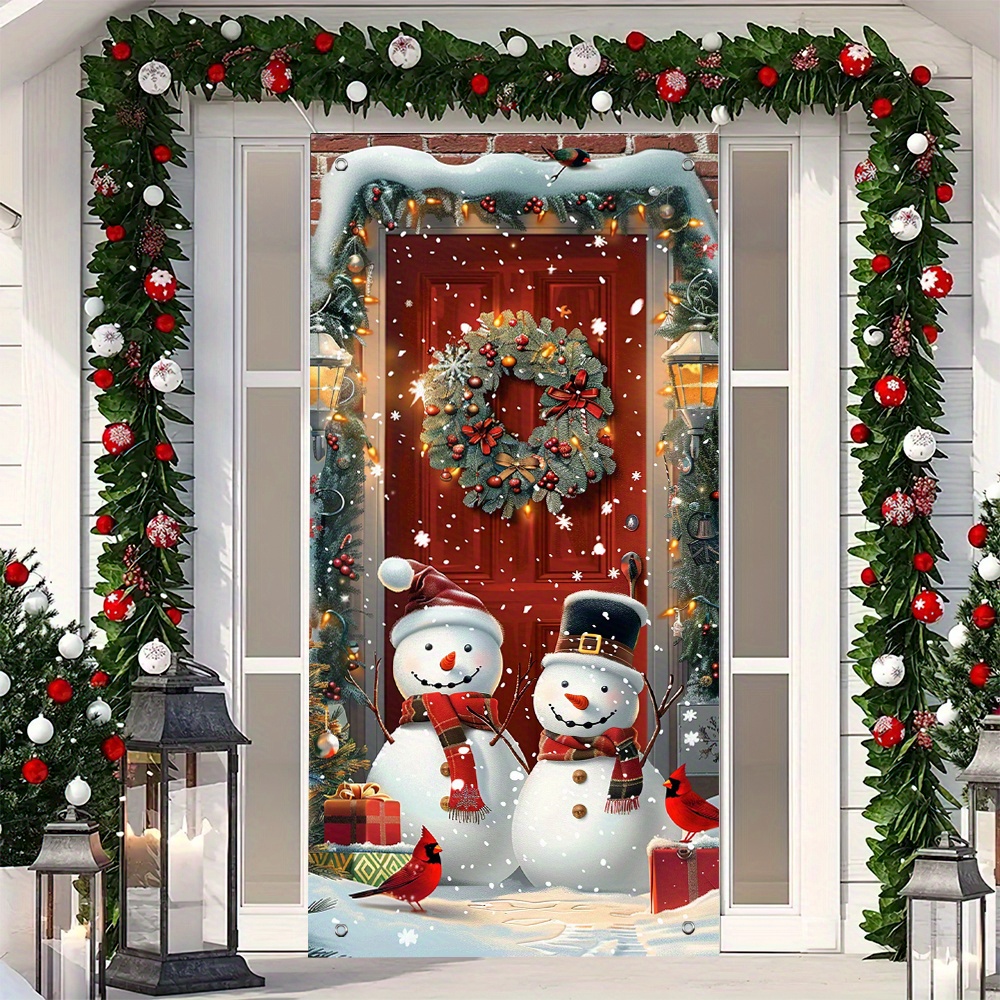 

1pc Christmas Door Banner Decoration - Polyester Snowman & Garland Festive Door Cover For Holiday Party Home Decor, Generically Fits Standard Doors, No Electricity Needed (35.4in X 70.8in)
