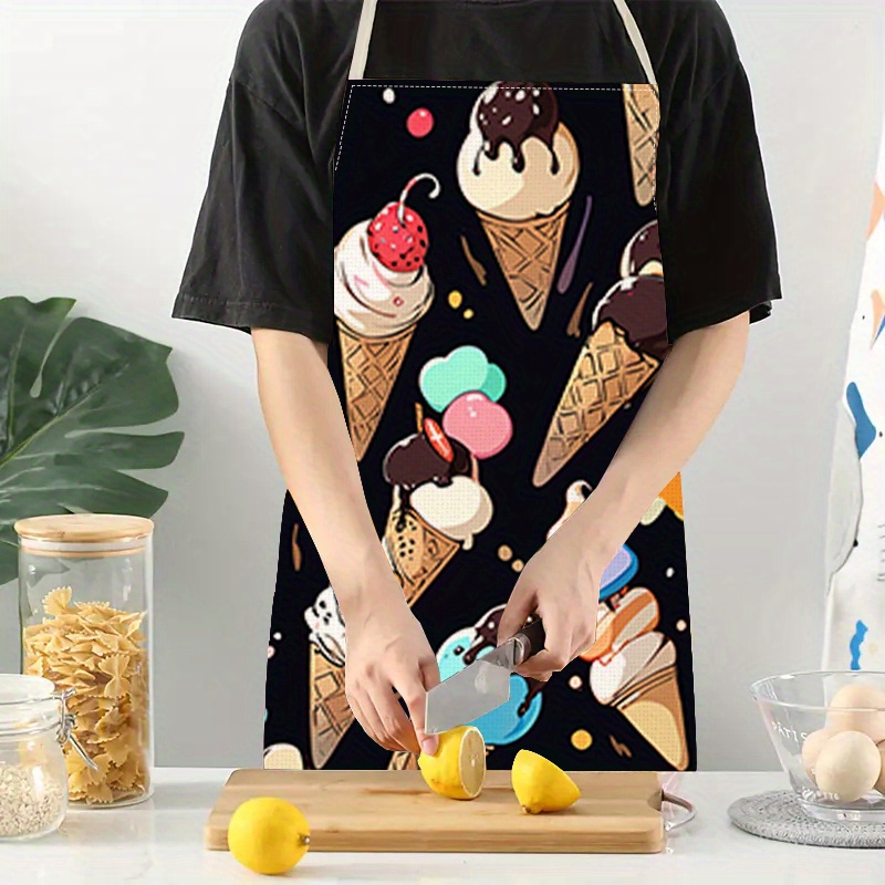 

Chic Ice Cream Cone Print Linen Kitchen Apron - Versatile & Fashionable Cooking Apron For Home Use Apron For Kitchen