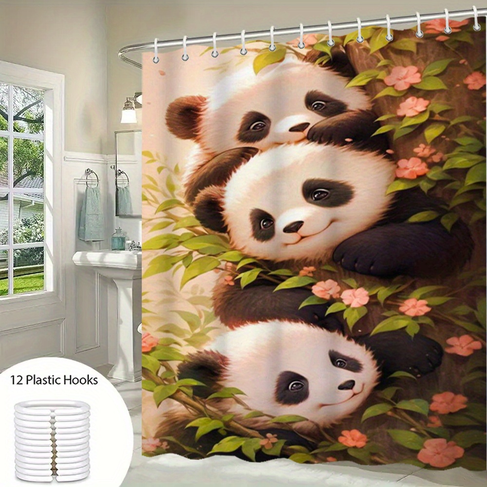 

Panda Shower Curtain Set With 12 Rust-resistant Hooks, Water-resistant Polyester Animal Theme Bath Decor, Machine Washable Woven Curtain With Artistic Floral Design