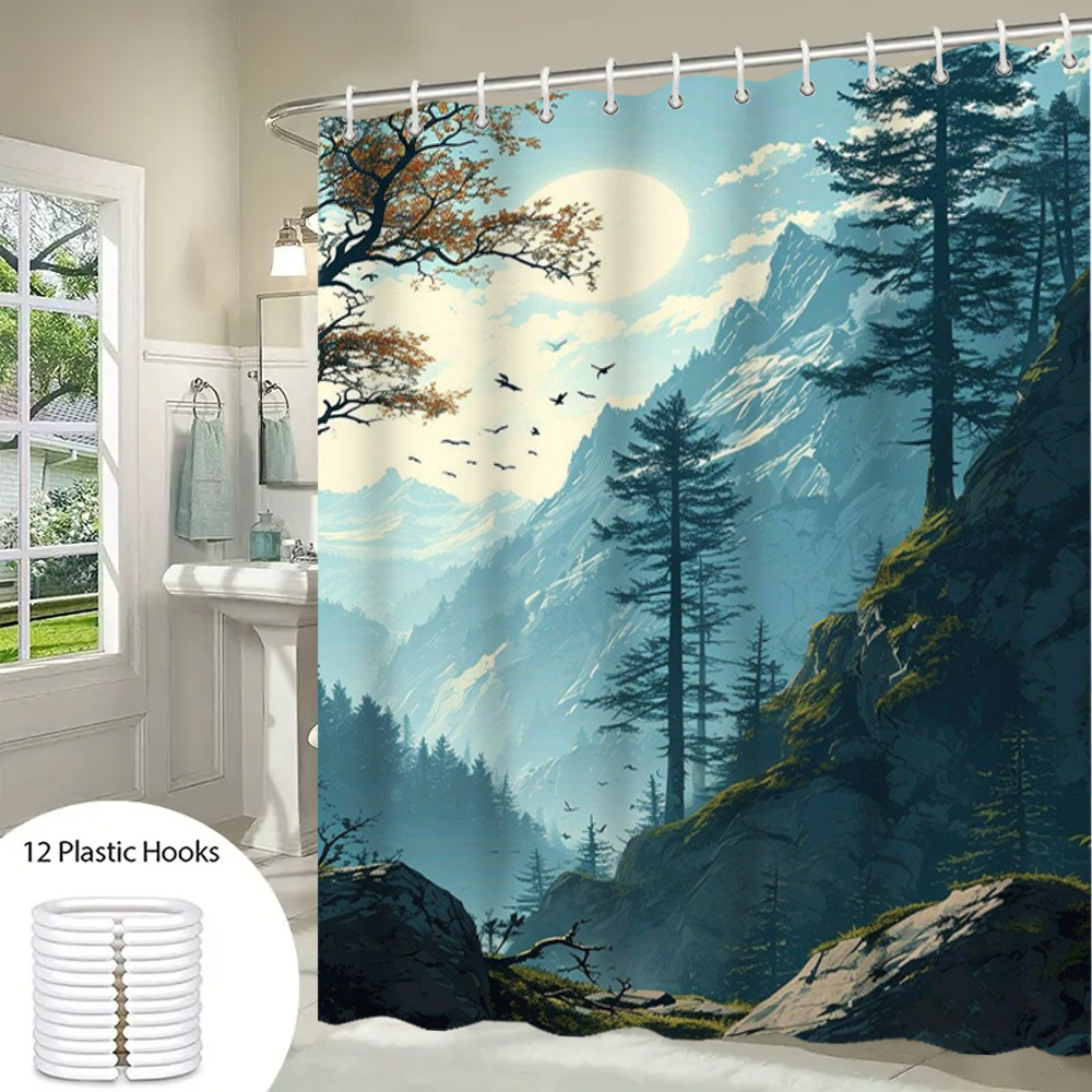 

Water-resistant Forest And Mountain Scenery Shower Curtain With 12 Rust-resistant Hooks, Machine Washable Polyester Bathroom Decor With Artistic Design - Includes Hook