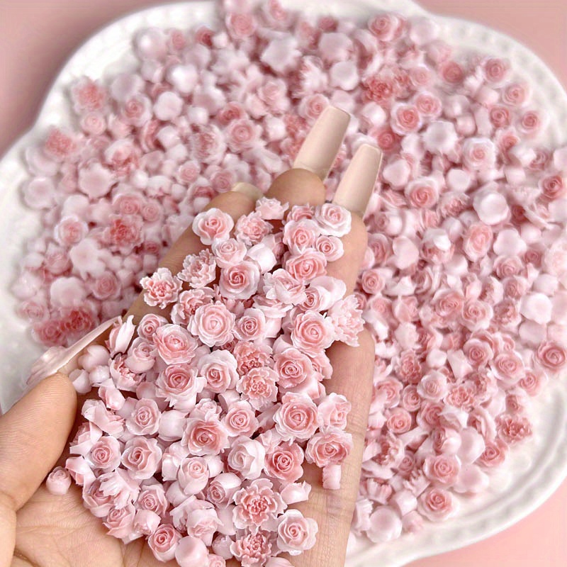 

50pcs Rose Nail Art Charms - Mixed Dried Flowers & Buds In Pink, Peach, And White, -free 3d Floral Decorations For Diy Manicure, Nail Charms