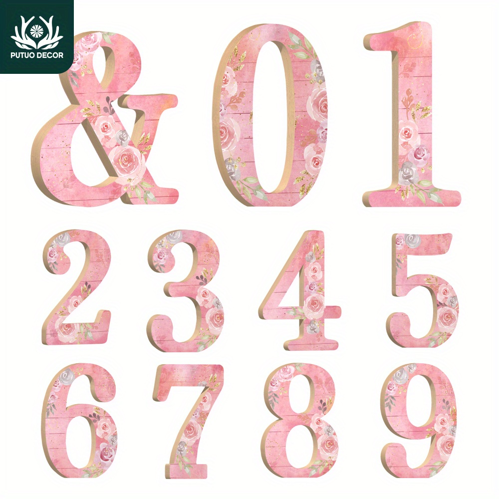 

1pc Pink Floral Wooden Numbers & Sign, Assorted Tabletop Decor 0-9, Freestanding Decorative Figures For Diy Combinations, Home Farmhouse Living Room Office Cafe Decor, Shabby Chic Style, 3d Design