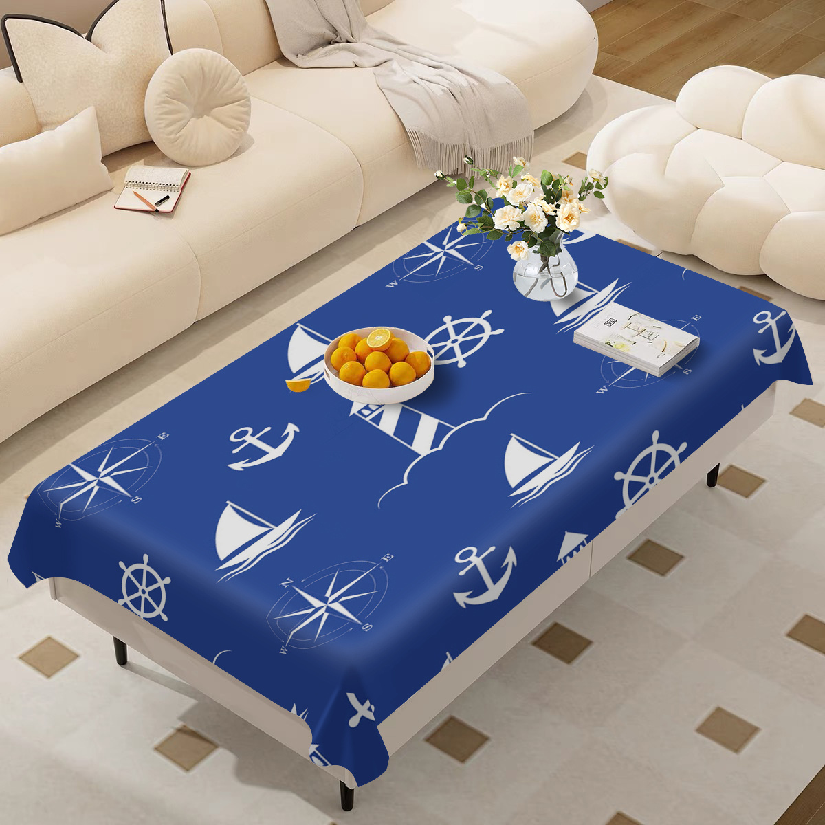 

1pc Nautical Print Tablecloth - Polyester Machine Made, Oil & Stain Resistant, Reusable Dustproof Table Cover For Indoor & Outdoor Party And Holiday Decorations - Mixed Colors