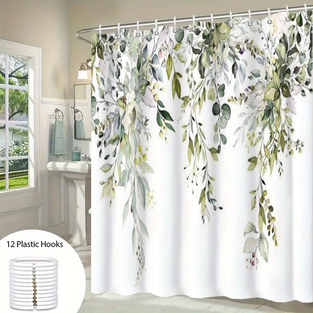 

Water-resistant Polyester Shower Curtain With Artistic Plant Design, Durable And Easy To Hang With 12 Rust-resistant Hooks, Machine Washable Woven Bathroom Decor