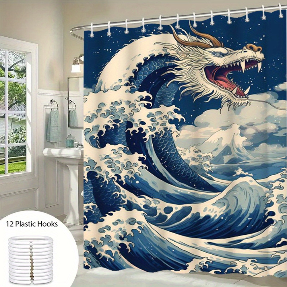 

Water-resistant Polyester Shower Curtain With Dragon Wave Design, Machine Washable With 12 Rust-resistant Hooks Included, Woven Arts Theme Bath Decor