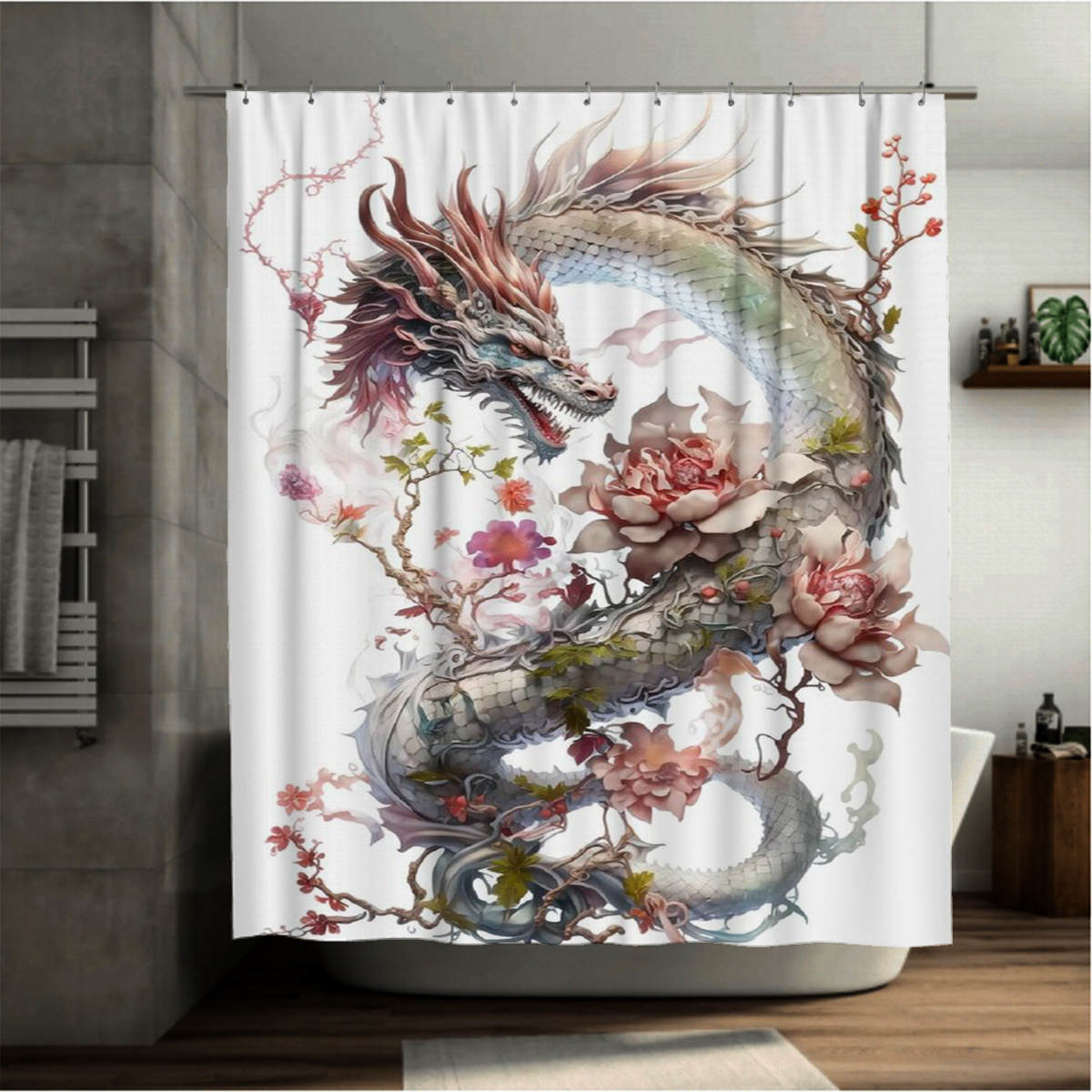 

Floral Dragon Art Shower Curtain With 12 Hooks - Water-resistant Polyester Bathroom Curtain, Durable Machine Washable, Decorative Bath Partition With Artistic Weave Design