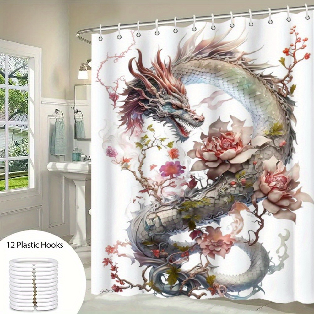 TEMU Floral Dragon Art Shower Curtain With 12 Hooks - Water-resistant Polyester Bathroom Curtain, Durable Machine Washable, Decorative Bath Partition With Artistic Weave Design