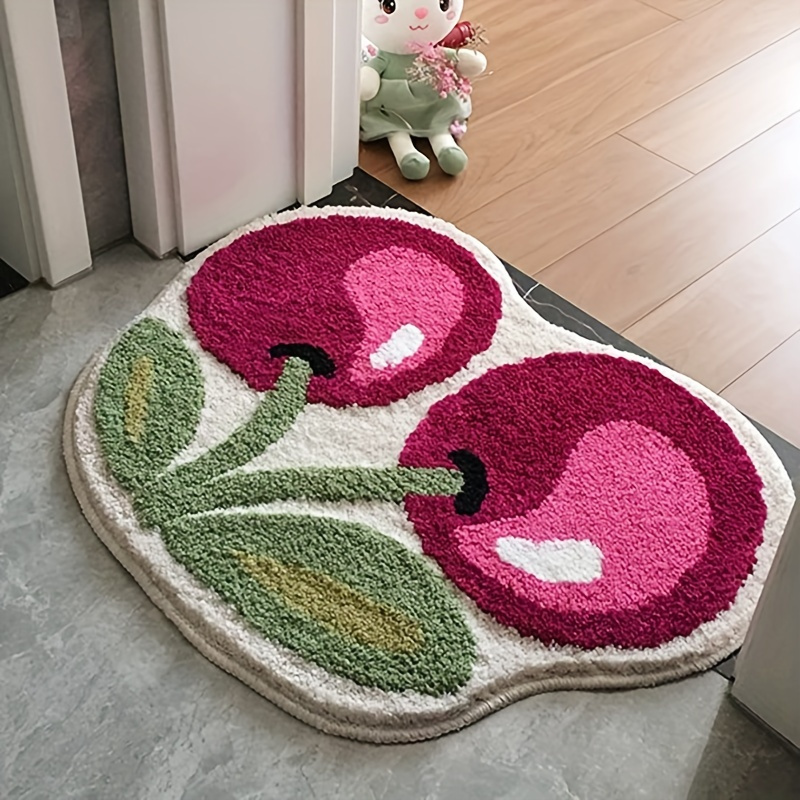 

1pc Cute Cherry Shaped Bath Mat - Absorbent Microfiber Bathroom Rug, Fluffy Non-slip Doormat, Tufted Polyester With Plastic Backing, Knit Fabric Weave, Round Patterned Carpet For Home Decor