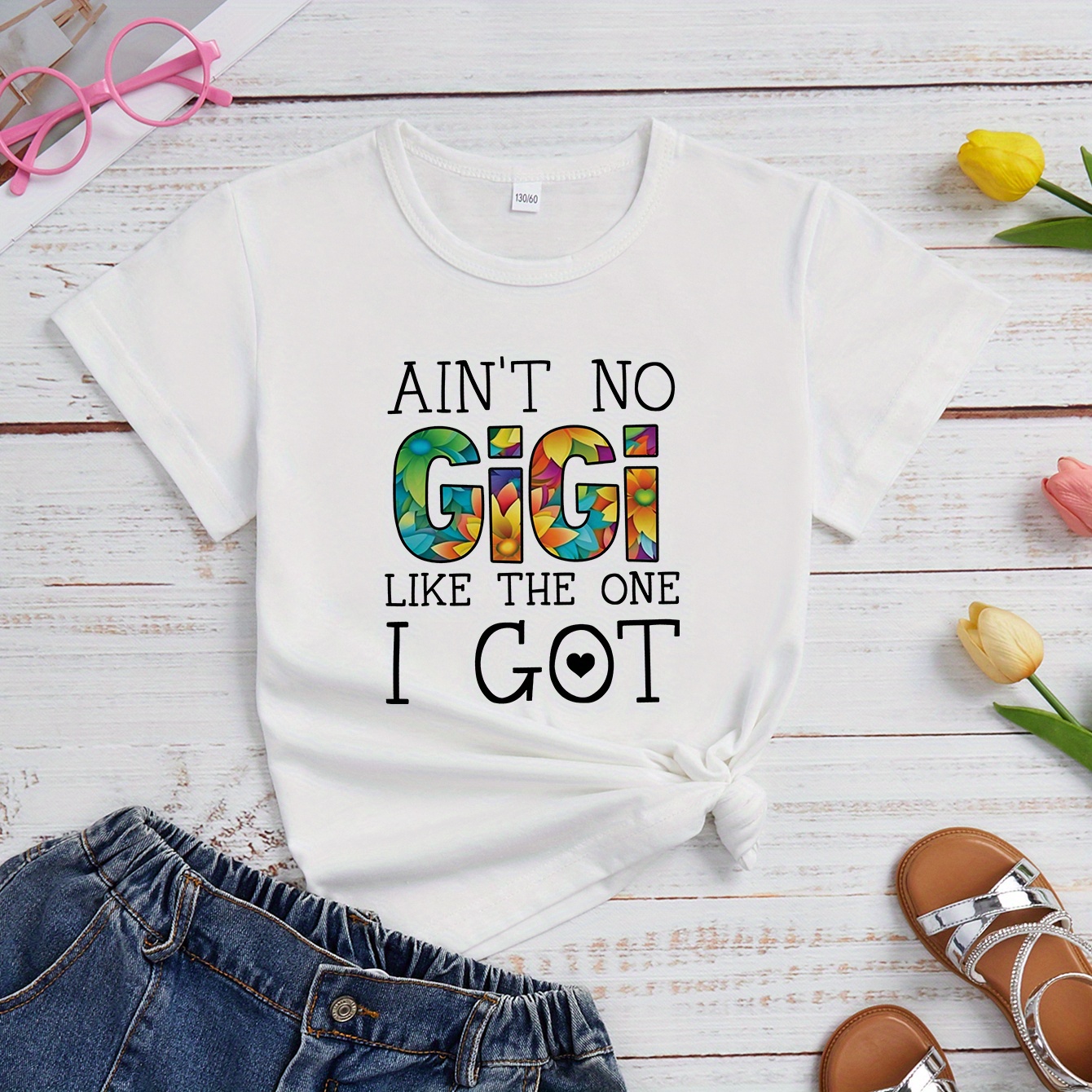 

ain't No Gigi Like The 1 I Got" Letter Print T-shirt Short Sleeve Crew Neck Casual Top For Summer, Girl's Clothing