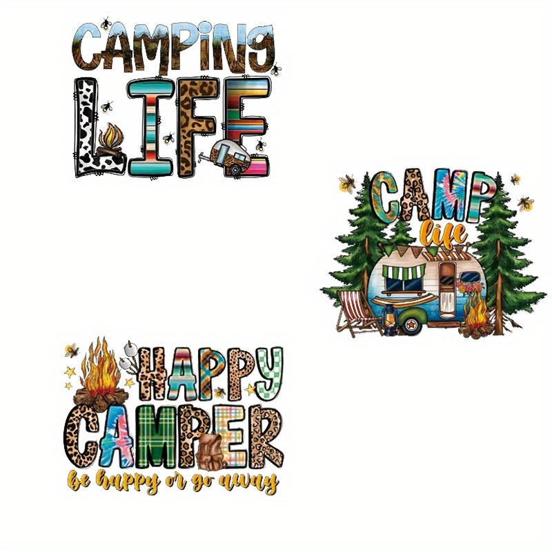 

3-pack Mixed Color Camping Life Iron-on Transfer Stickers, Diy Screen Printing Vinyl Decals For T-shirts, Jackets, Jeans, Clothing Decoration