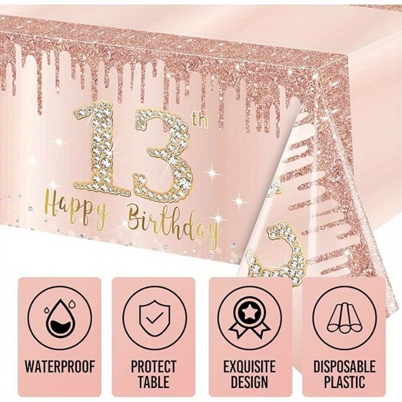 

Rose Golden 13th Birthday Party Tablecloth - Disposable Pe Waterproof, Perfect For Little Princess Celebrations & General Occasions, Machine-made Plastic, Holiday Use - 1pc