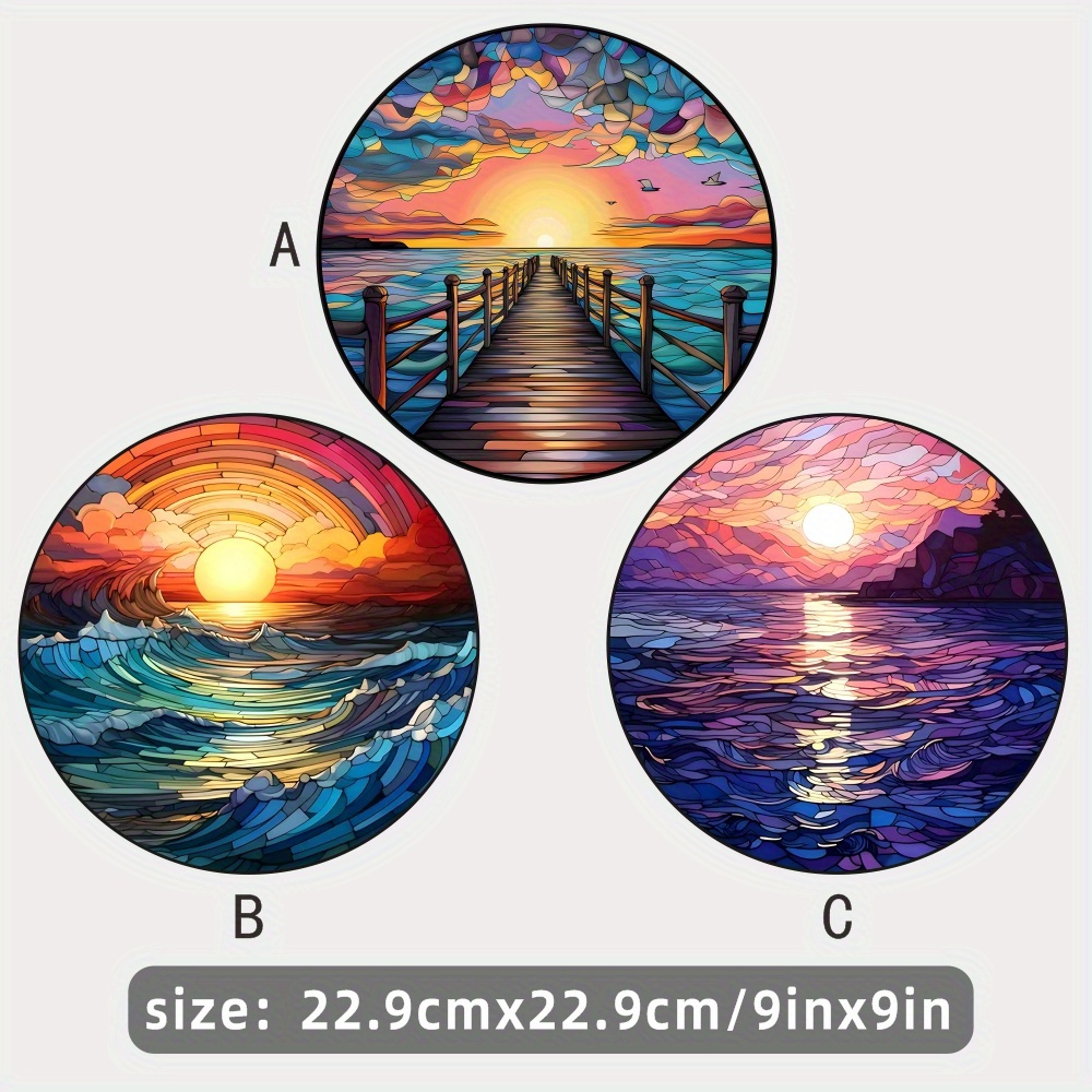 round vintage sea sunset sunrise vinyl window sticker 1pc static cling decorative glass film reusable glossy finishing   thickness no     artistic ocean wave pattern details 0