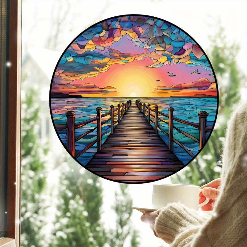 round vintage sea sunset sunrise vinyl window sticker 1pc static cling decorative glass film reusable glossy finishing   thickness no     artistic ocean wave pattern details 1