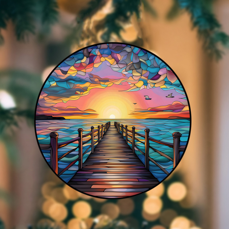 round vintage sea sunset sunrise vinyl window sticker 1pc static cling decorative glass film reusable glossy finishing   thickness no     artistic ocean wave pattern details 2