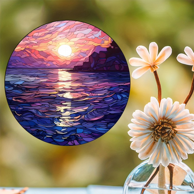 round vintage sea sunset sunrise vinyl window sticker 1pc static cling decorative glass film reusable glossy finishing   thickness no     artistic ocean wave pattern details 3