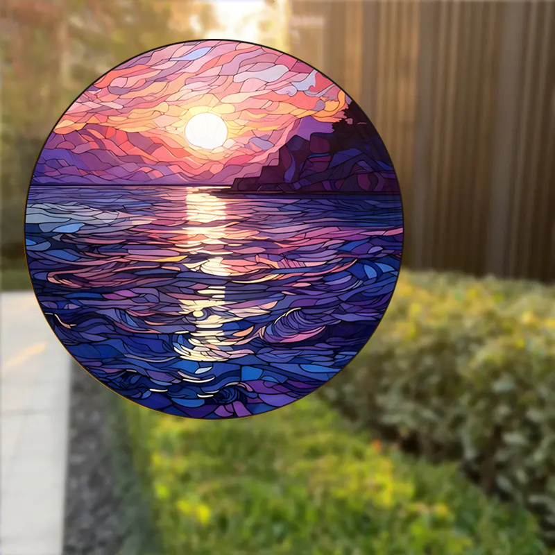 round vintage sea sunset sunrise vinyl window sticker 1pc static cling decorative glass film reusable glossy finishing   thickness no     artistic ocean wave pattern details 4