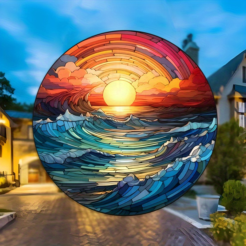 round vintage sea sunset sunrise vinyl window sticker 1pc static cling decorative glass film reusable glossy finishing   thickness no     artistic ocean wave pattern details 5