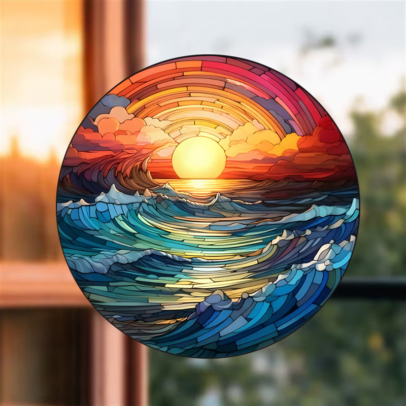 round vintage sea sunset sunrise vinyl window sticker 1pc static cling decorative glass film reusable glossy finishing   thickness no     artistic ocean wave pattern details 6