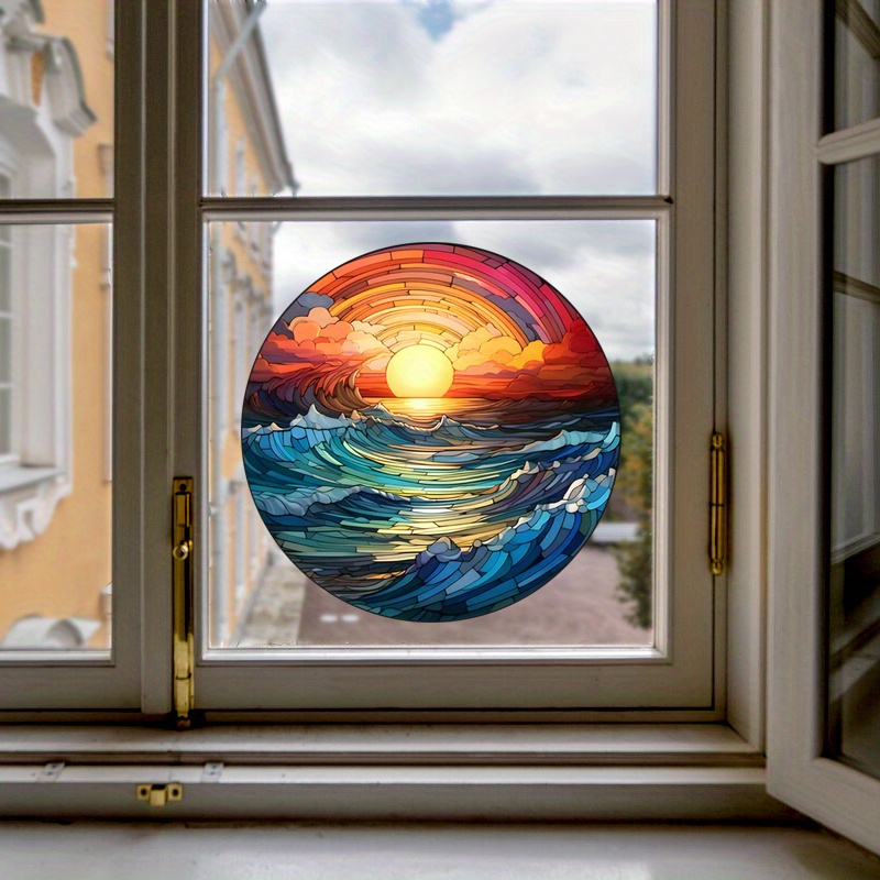 round vintage sea sunset sunrise vinyl window sticker 1pc static cling decorative glass film reusable glossy finishing   thickness no     artistic ocean wave pattern details 7