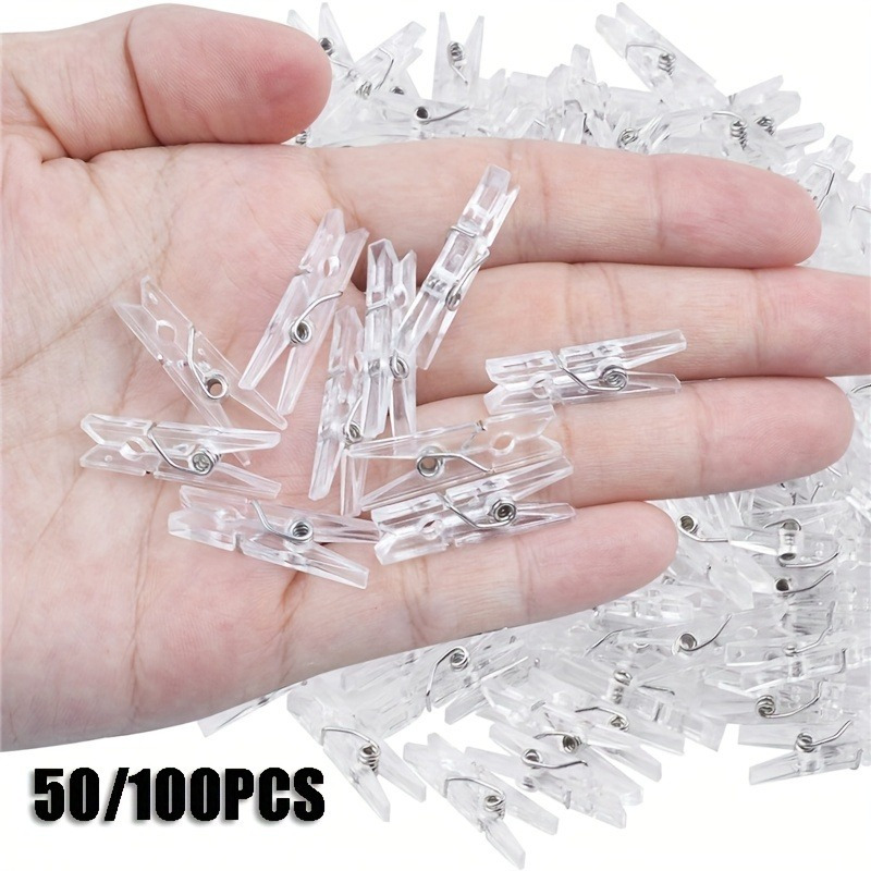 

50pcs Mini Transparent Plastic Photo Clips With Metal Springs - Hanging Clothespins For Diy Projects, Towels, And Home Decor