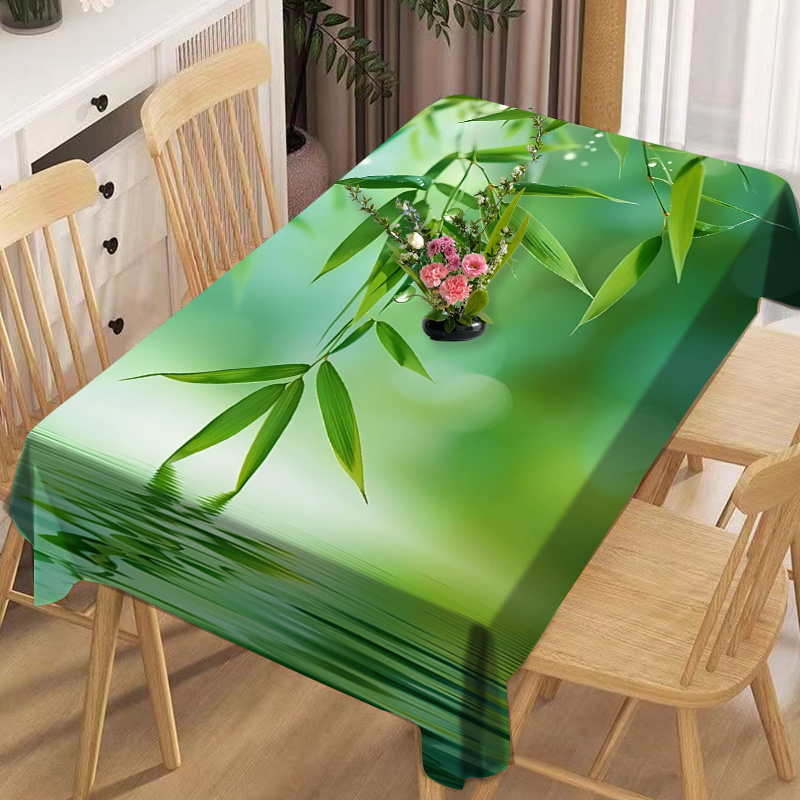 

Rectangular Polyester Tablecloth, Bamboo Leaf Print, Waterproof, Oil & Heat Resistant, Machine Washable, Geometric Pattern, Versatile For Dining Table, Tea Table, Desk, Party, Home Decor - Green