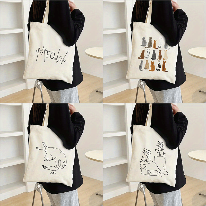 

1pc Cute Cat Illustration Canvas Tote Bag, Fashionable Handbag Perfect Gift For Cat Lovers & Women