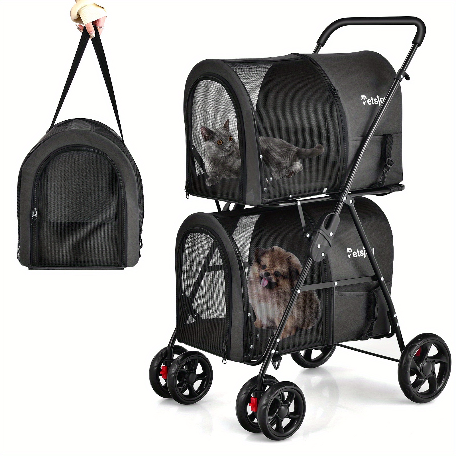 

Costway 4-in-1 Double Pet Stroller W/ Detachable Carrier Travel Carriage For Cats Black