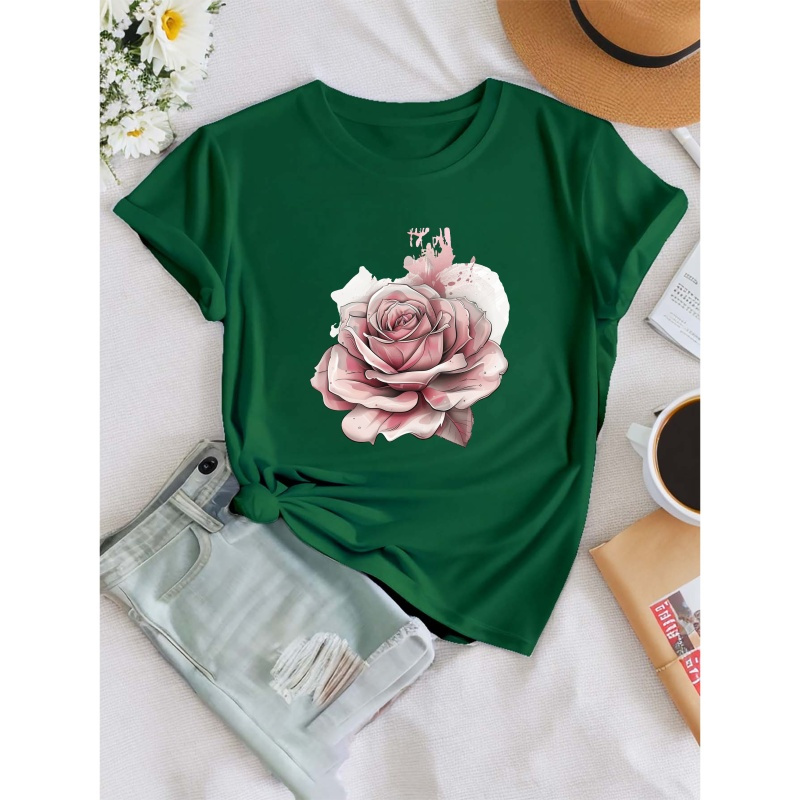 

Calligraphy Rose Print T-shirt, Short Sleeve Crew Neck Casual Top For Summer & Spring, Women's Clothing