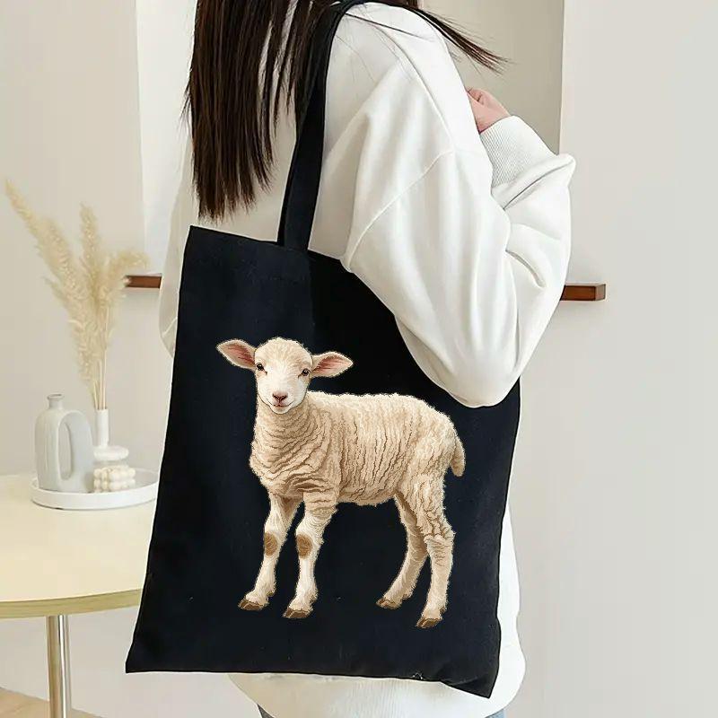 

1pc Sheep Pattern Canvas Tote Bags Large Capacity Shoulder Bag For Casual And Shopping Use