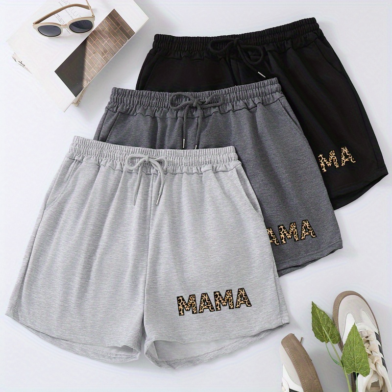 

3 Packs Plus Size Letter Mama Print Shorts, Casual Dual Pockets Drawstring Shorts For Spring & Summer, Women's Plus Size Clothing