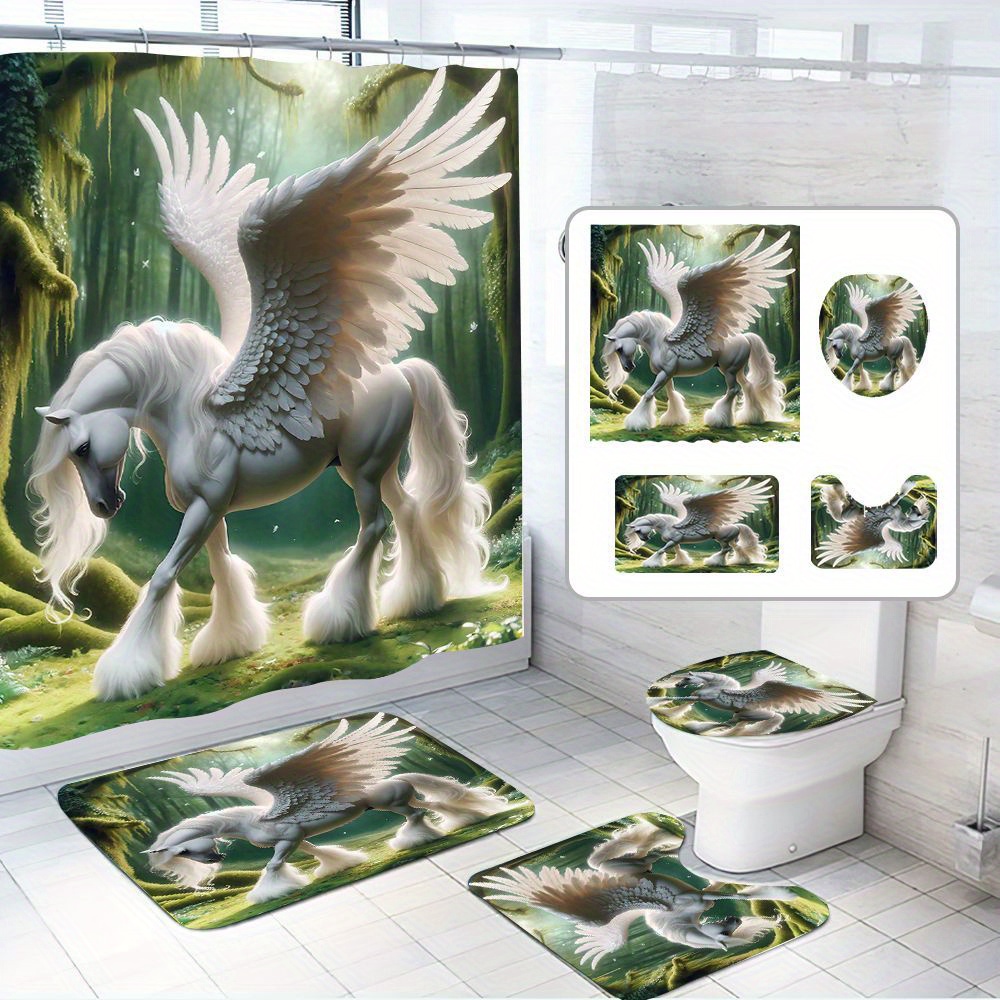 

1pc/4pcs, Unicorn Shower Curtain Set, White Unicorn Is Lifelike, And , Shower Curtain With Hooks, Non-slip Bath Mat, U-shaped Bath Mat, Bath Mat, Bathroom Decoration Accessories