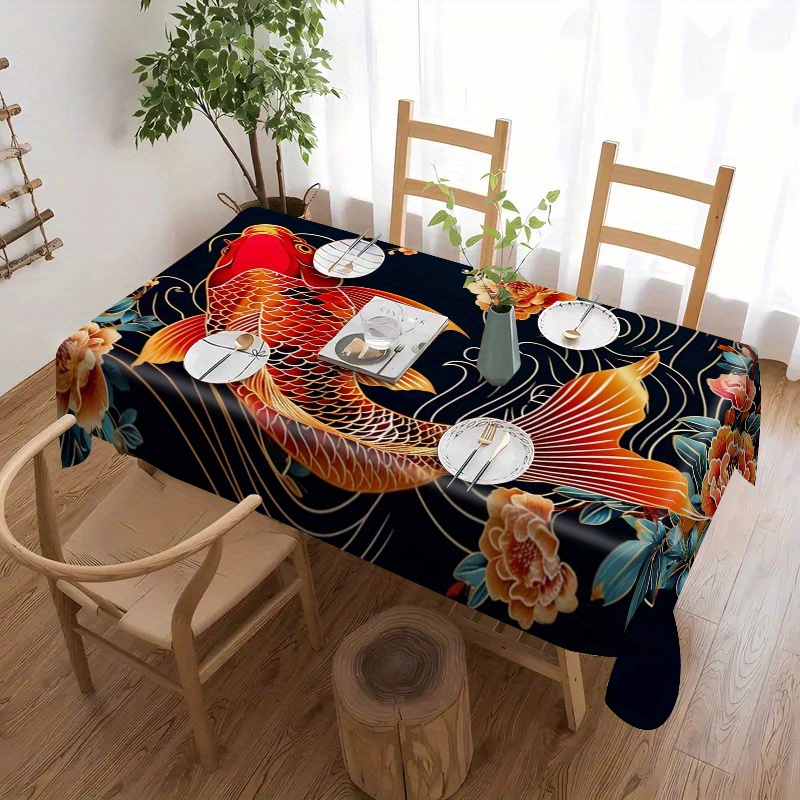 

Square Polyester Tablecloth With Koi Fish Print - Machine-woven, Stain-resistant, Washable Cover For Home Kitchen, Dining, Party, Holiday Decor, Wedding, Banquet, Gift