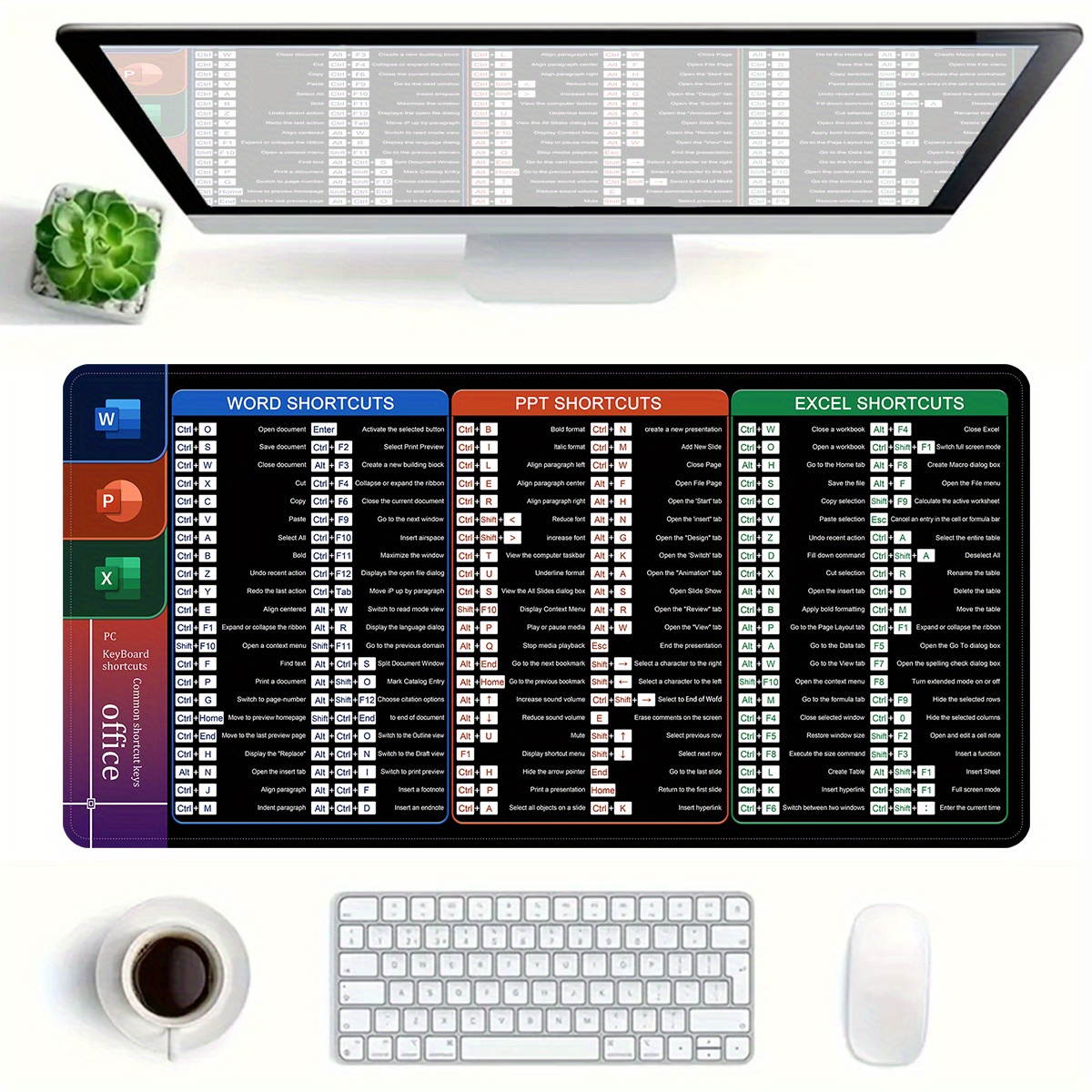 

Extra Large Office Software Keyboard Mouse Pad With Word, Excel, Ppt Shortcuts - Non-slip, Washable Rubber Desk Mat, 31.5x11.8 Inches