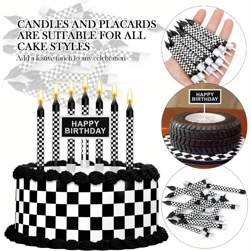 

12pcs Black And White Birthday Checkered Candles And Cake Topper Racing Cars Themed Birthday Candles Sparkler Candles For Racing Car Party Baby Shower Favors Kids Boys
